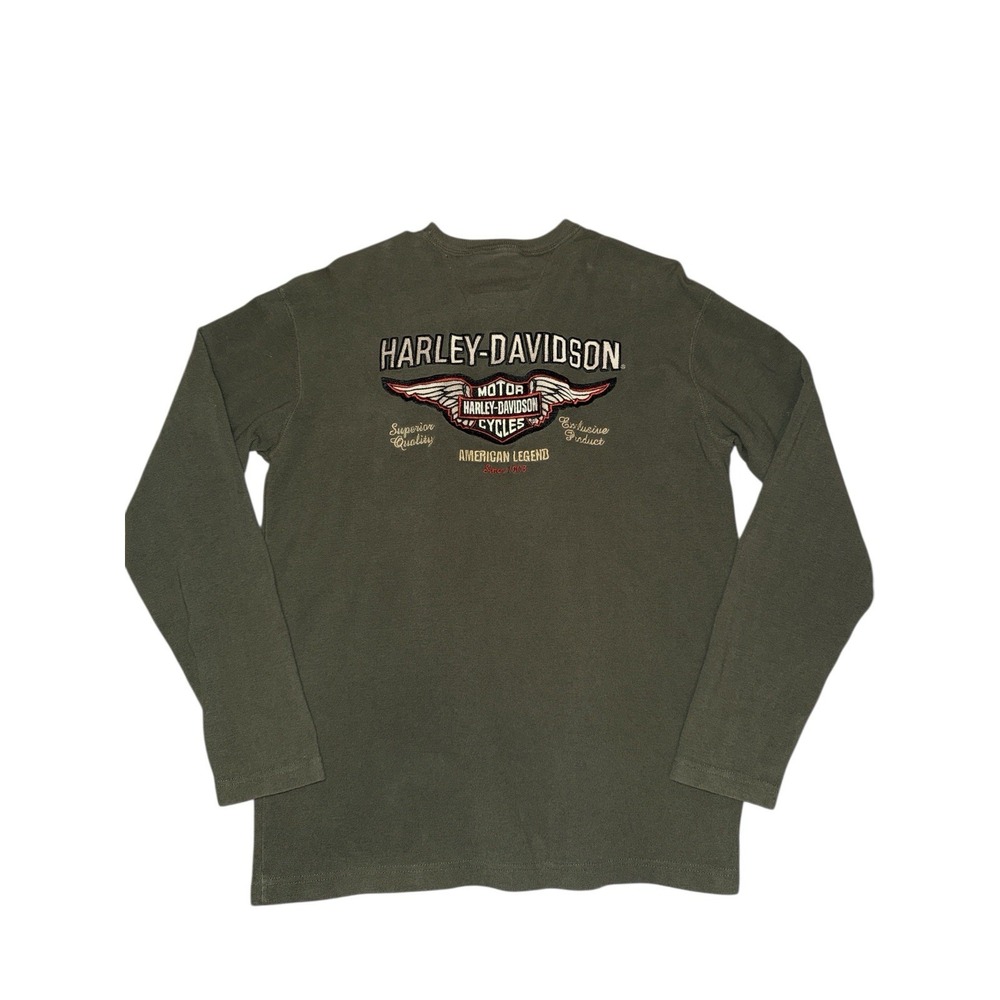Harley Davidson Thermal Henley Shirt Mens M Green Long Sleeve‎ Embroidered